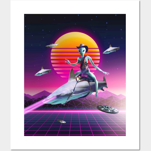 Cowboy Space Alien Riding Laser Shark Wall Art by Random Galaxy